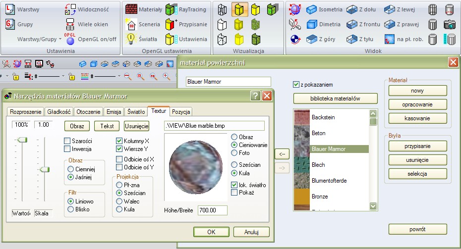 Menu definiowania materiaw i wizualizacji